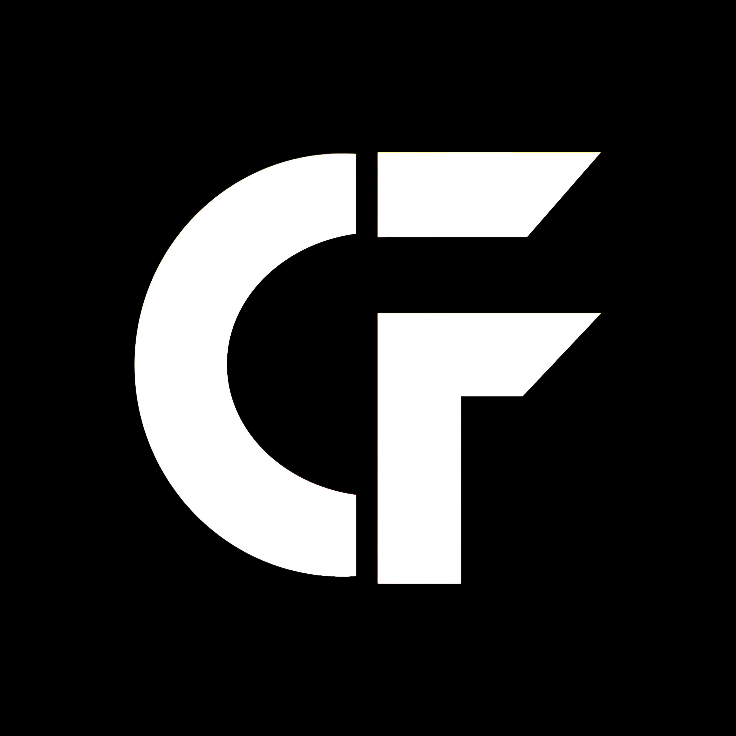 Das CF-Monogramm von CorbyLéFreeze in Weiß auf schwarzem Grund.